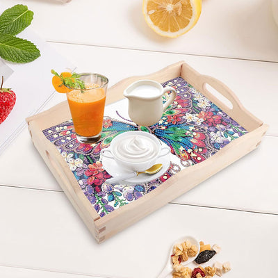 Green and Purple Flower Butterfly Wooden Serving Tray Diamond Painting