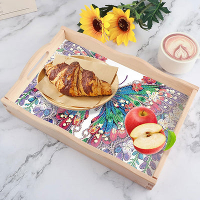 Green and Purple Flower Butterfly Wooden Serving Tray Diamond Painting