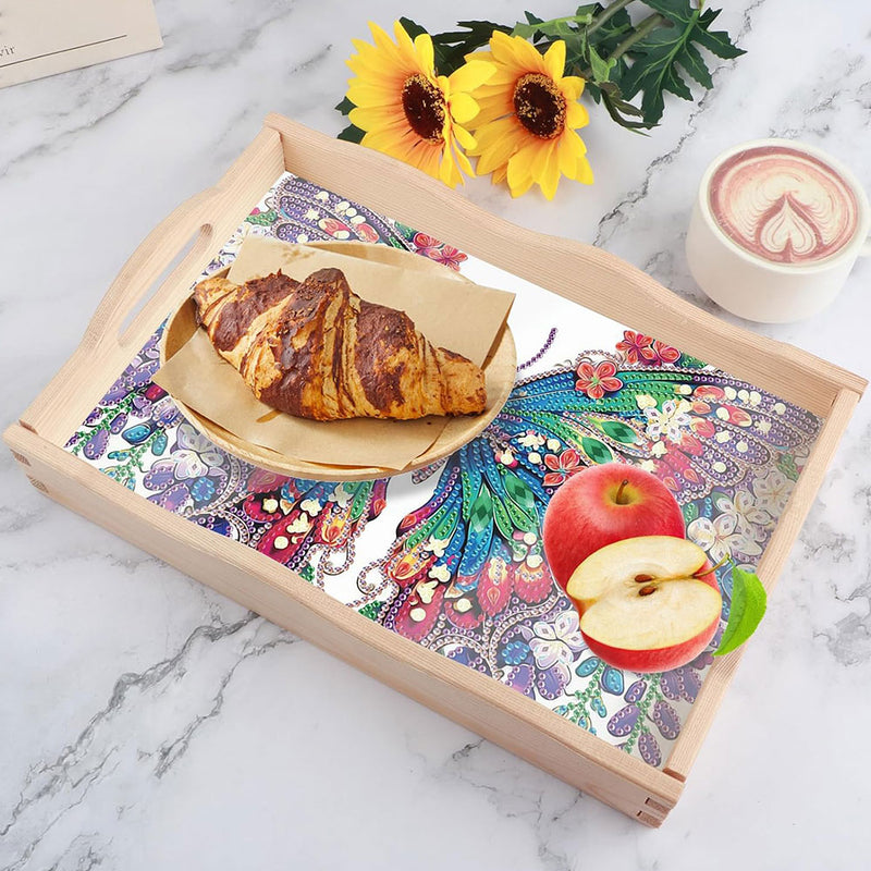 Green and Purple Flower Butterfly Wooden Serving Tray Diamond Painting