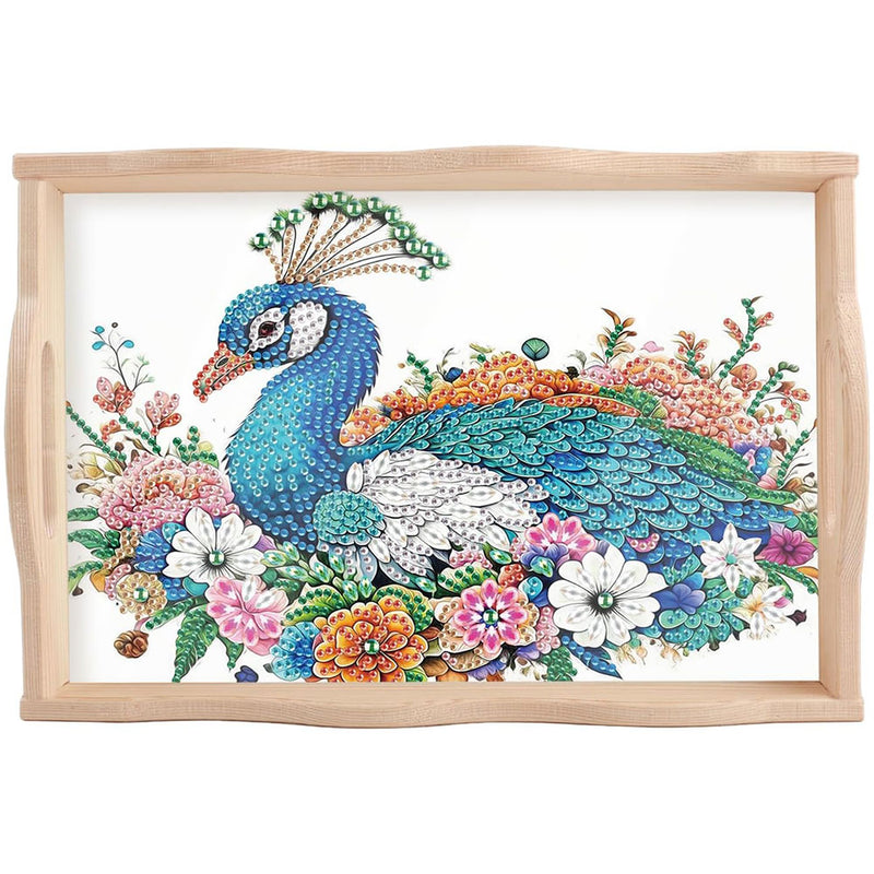 Peacock and Colorful Flowers Wooden Serving Tray Diamond Painting