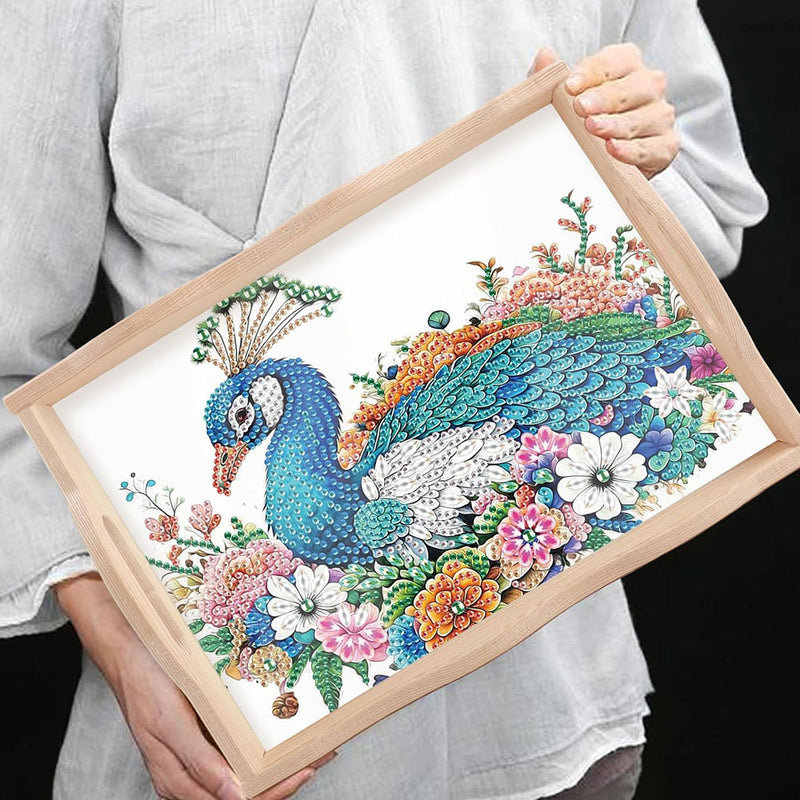 Peacock and Colorful Flowers Wooden Serving Tray Diamond Painting