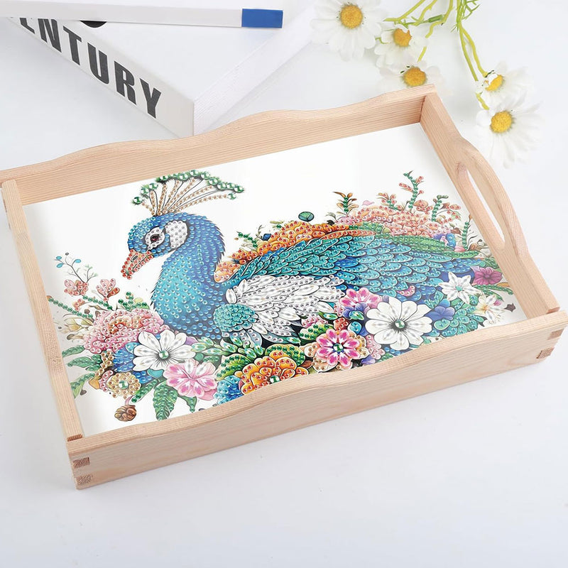 Peacock and Colorful Flowers Wooden Serving Tray Diamond Painting