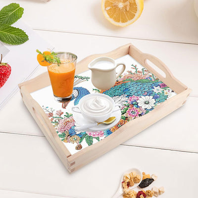 Peacock and Colorful Flowers Wooden Serving Tray Diamond Painting