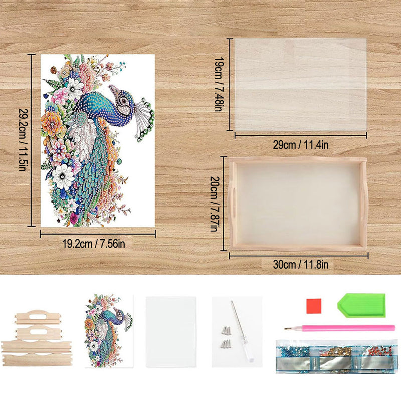 Peacock and Colorful Flowers Wooden Serving Tray Diamond Painting