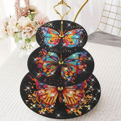 3-Tiered Colorful Butterfly in Darkness Acrylic Serving Tray Diamond Painting