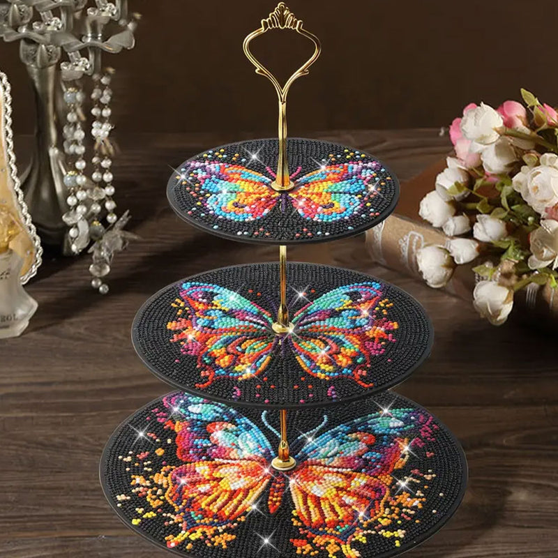 3-Tiered Colorful Butterfly in Darkness Acrylic Serving Tray Diamond Painting