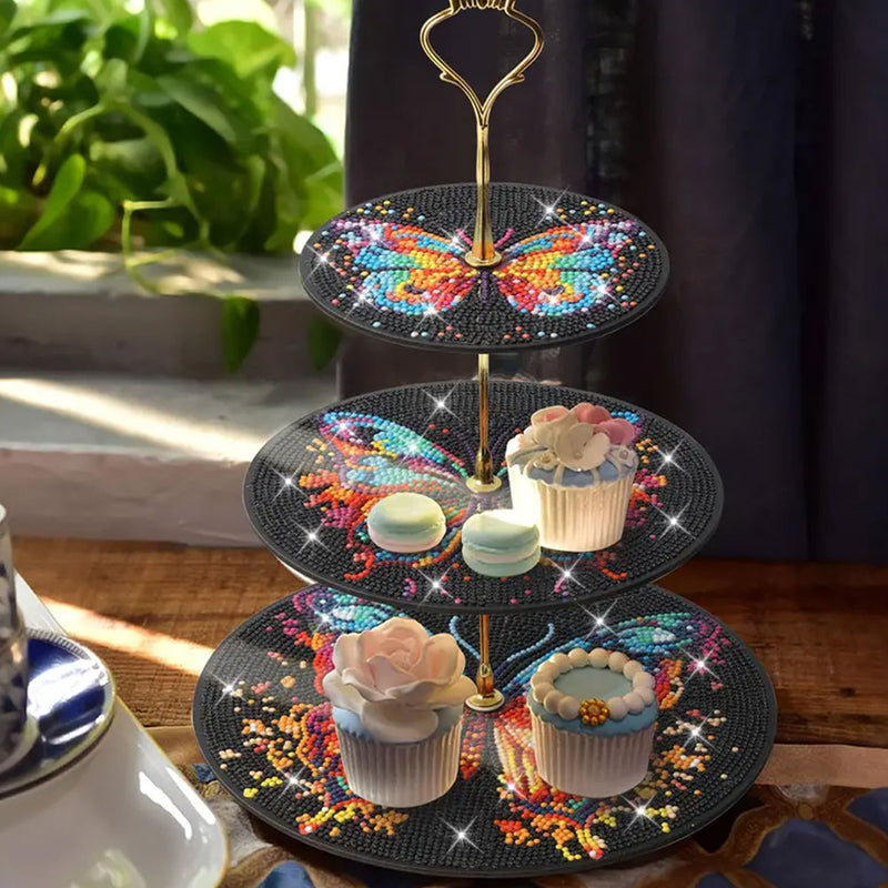 3-Tiered Colorful Butterfly in Darkness Acrylic Serving Tray Diamond Painting