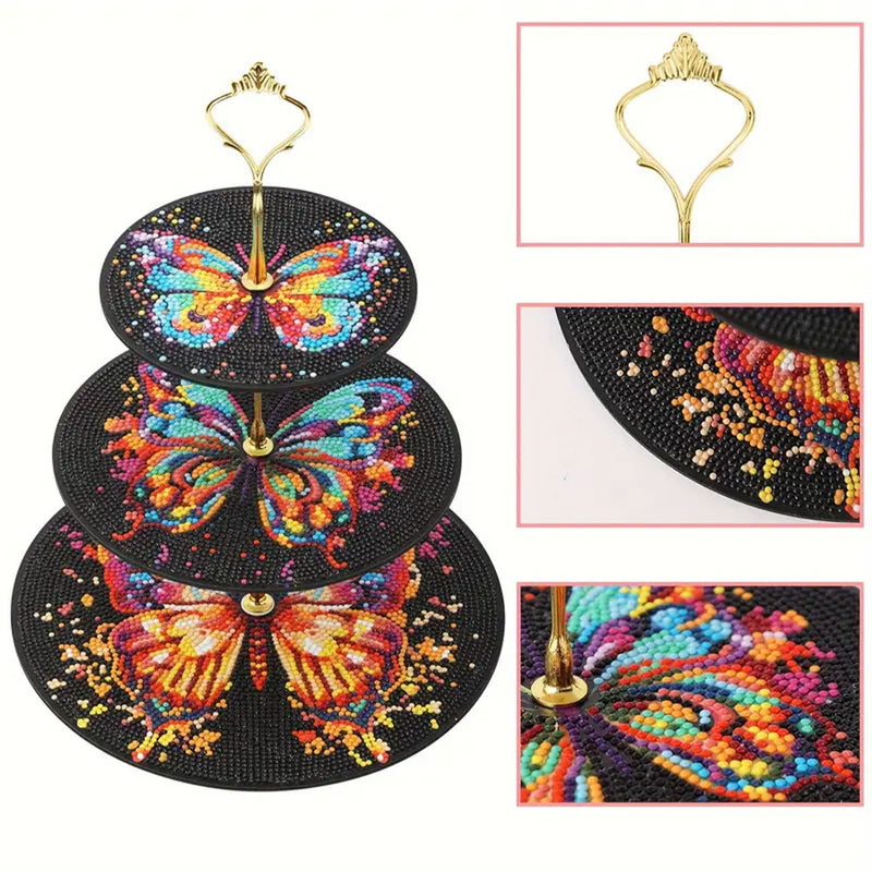 3-Tiered Colorful Butterfly in Darkness Acrylic Serving Tray Diamond Painting