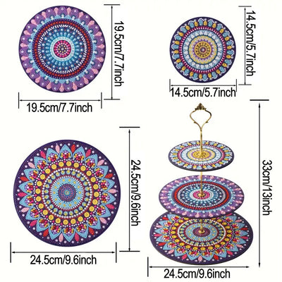 3-Tiered Round Colorful Mandala Acrylic Serving Tray Diamond Painting