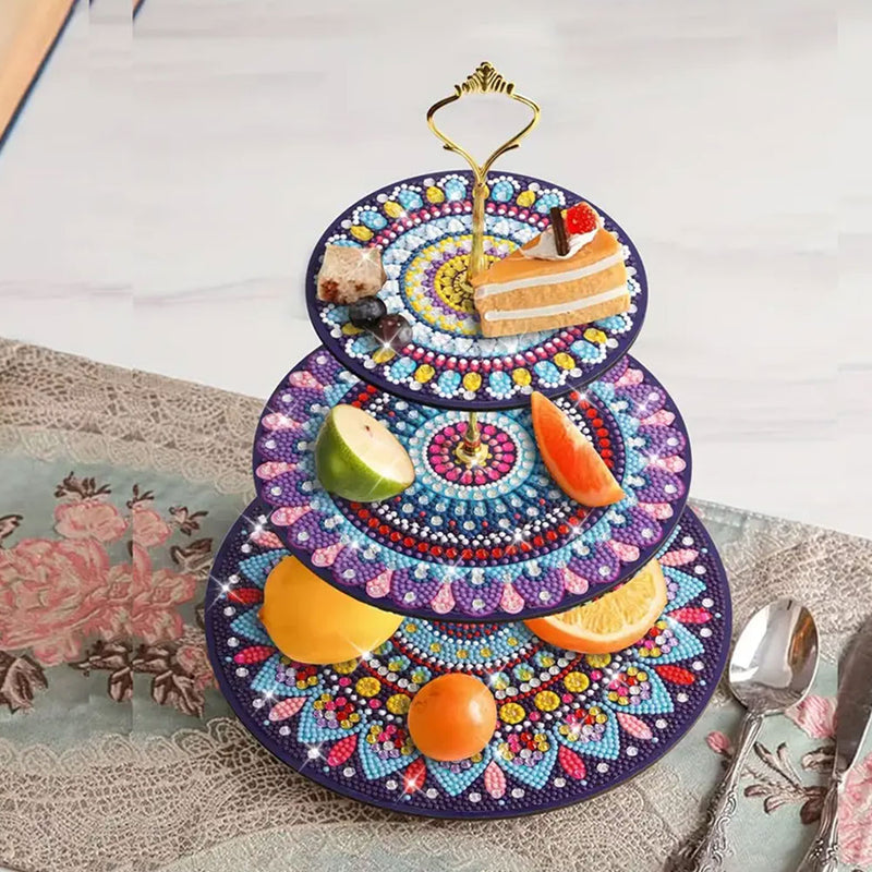 3-Tiered Round Colorful Mandala Acrylic Serving Tray Diamond Painting