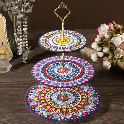 3-Tiered Round Colorful Mandala Acrylic Serving Tray Diamond Painting