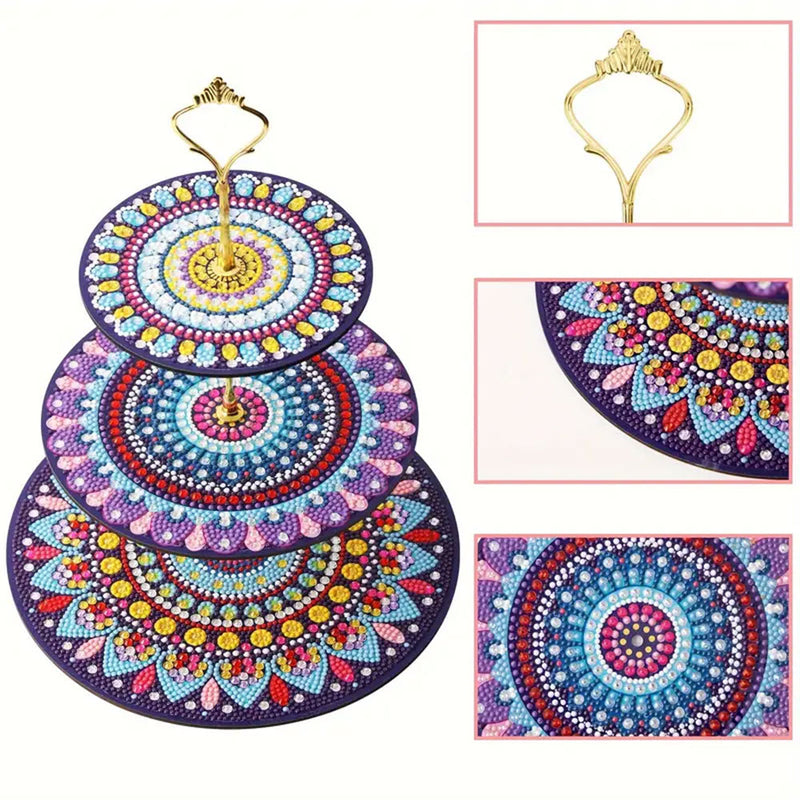 3-Tiered Round Colorful Mandala Acrylic Serving Tray Diamond Painting