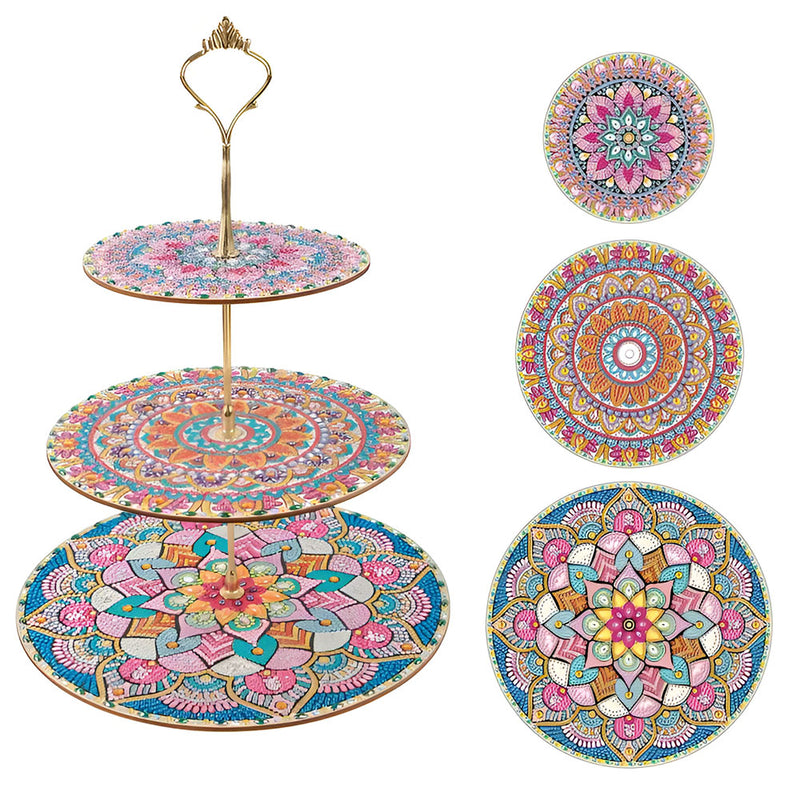 3-Tiered Round Colorful Lotus Mandala Acrylic Serving Tray Diamond Painting