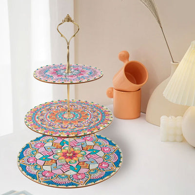 3-Tiered Round Colorful Lotus Mandala Acrylic Serving Tray Diamond Painting