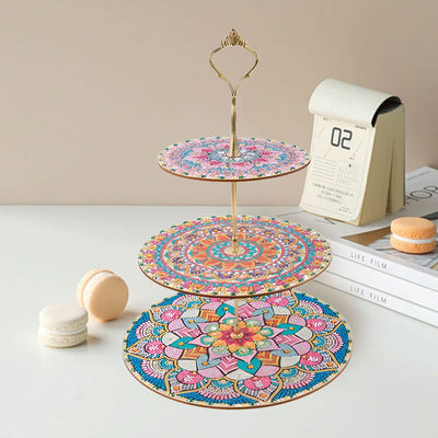 3-Tiered Round Colorful Lotus Mandala Acrylic Serving Tray Diamond Painting