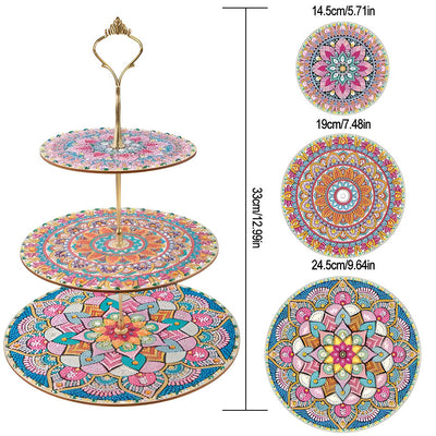 3-Tiered Round Colorful Lotus Mandala Acrylic Serving Tray Diamond Painting