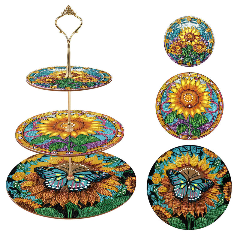 3-Tiered Sunflowers and Butterfly Acrylic Serving Tray Diamond Painting