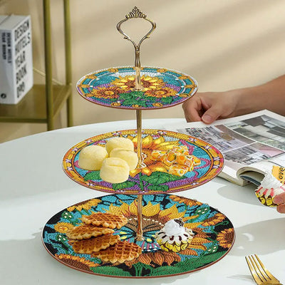 3-Tiered Sunflowers and Butterfly Acrylic Serving Tray Diamond Painting