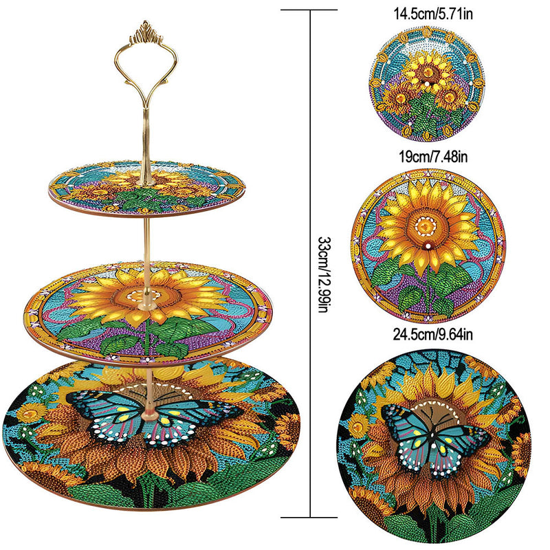 3-Tiered Sunflowers and Butterfly Acrylic Serving Tray Diamond Painting