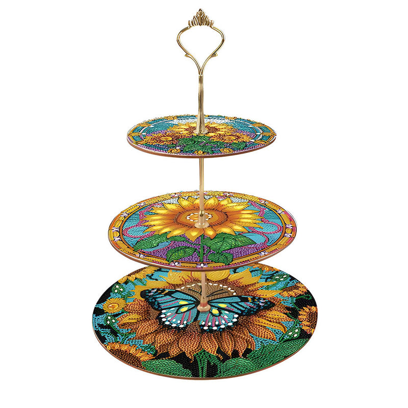 3-Tiered Sunflowers and Butterfly Acrylic Serving Tray Diamond Painting