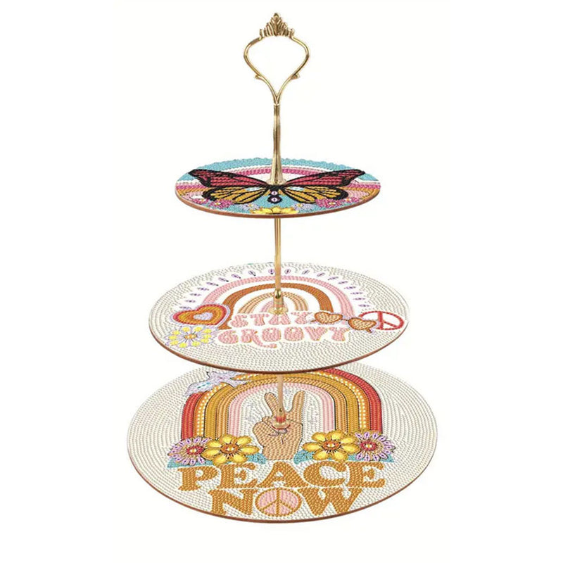 3-Tiered PEACE NOW Rainbow and Butterfly Acrylic Serving Tray Diamond Painting