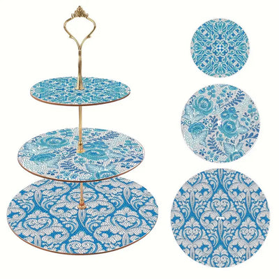 3-Tiered Blue and White Floral Pattern Acrylic Serving Tray Diamond Painting