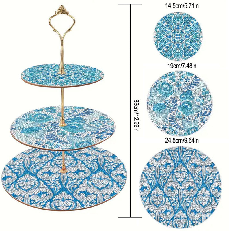 3-Tiered Blue and White Floral Pattern Acrylic Serving Tray Diamond Painting