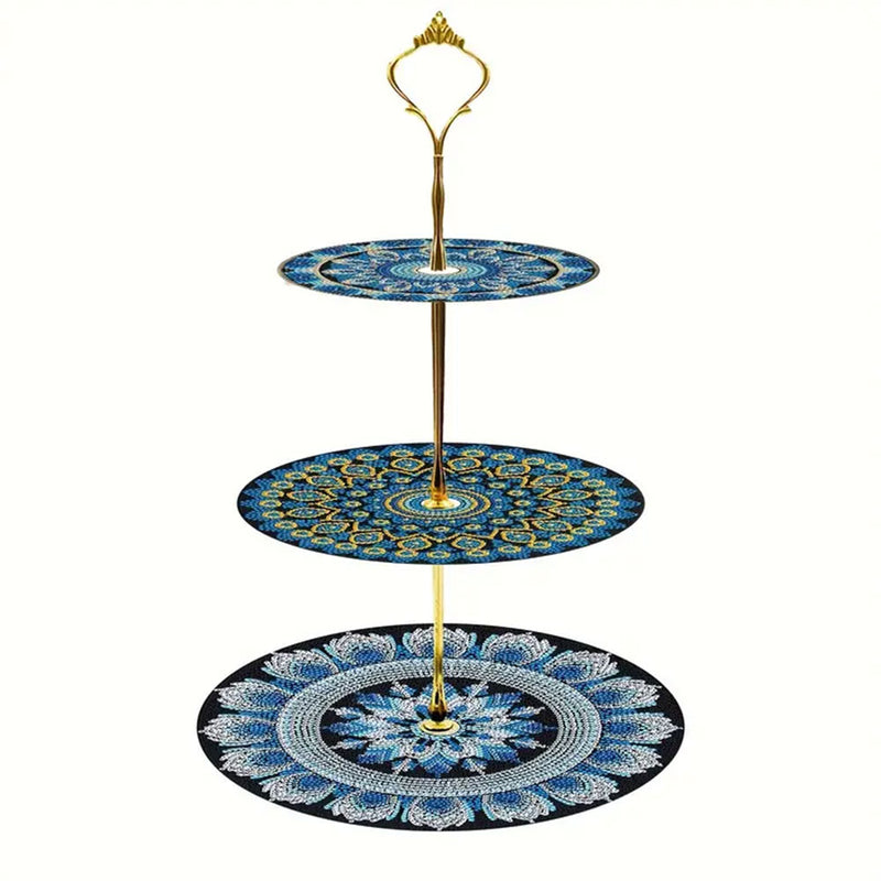 3-Tiered Blue Mandala Acrylic Serving Tray Diamond Painting