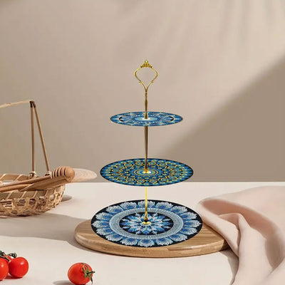 3-Tiered Blue Mandala Acrylic Serving Tray Diamond Painting