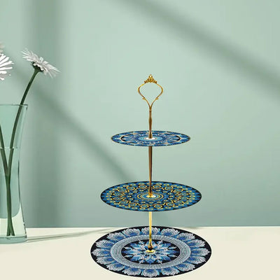 3-Tiered Blue Mandala Acrylic Serving Tray Diamond Painting