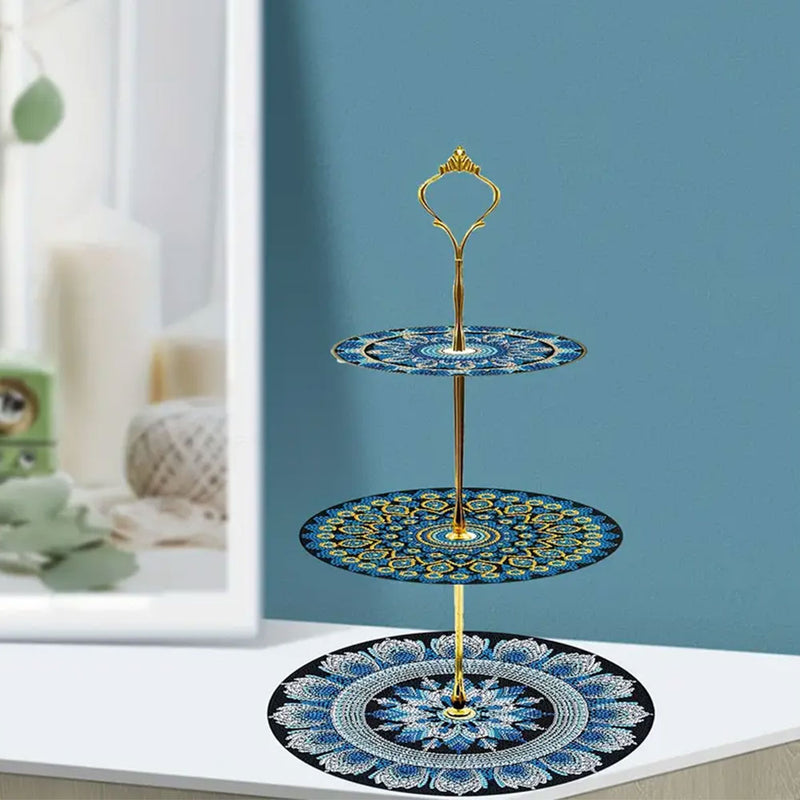 3-Tiered Blue Mandala Acrylic Serving Tray Diamond Painting