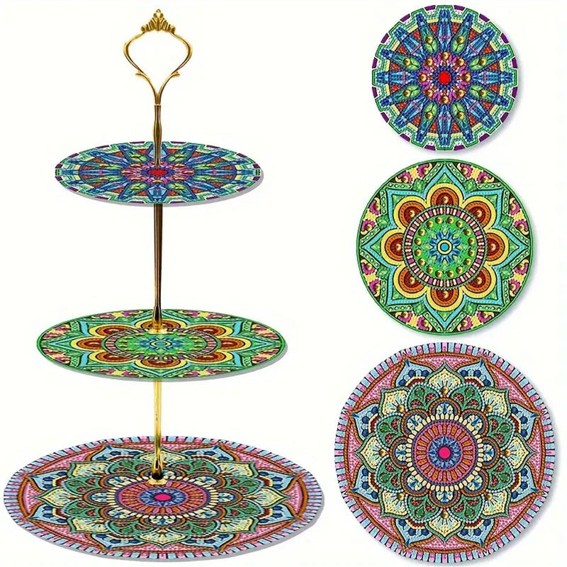 3-Tiered Green Blue Mandala Acrylic Serving Tray Diamond Painting