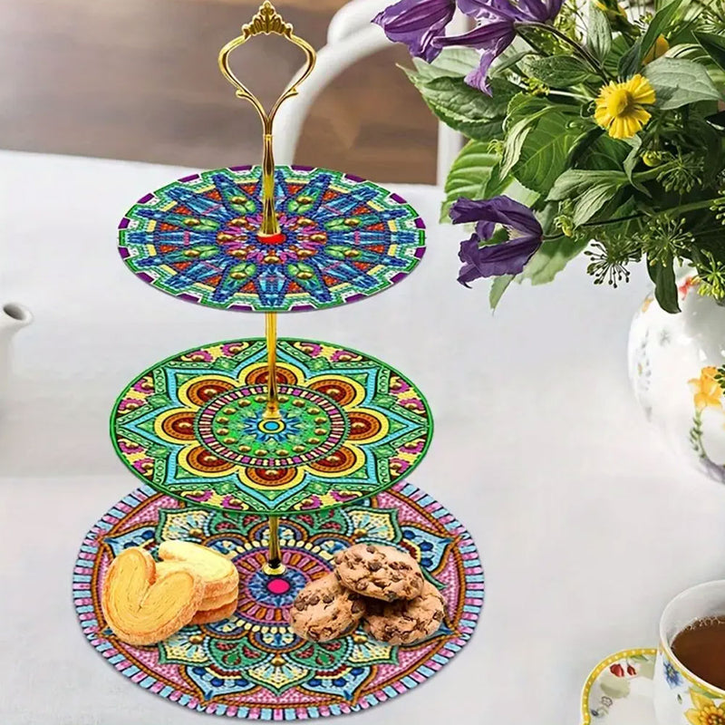 3-Tiered Green Blue Mandala Acrylic Serving Tray Diamond Painting