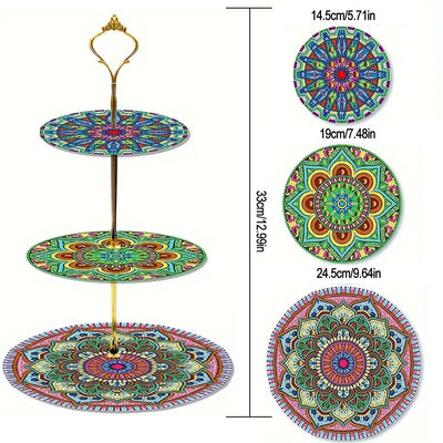 3-Tiered Green Blue Mandala Acrylic Serving Tray Diamond Painting