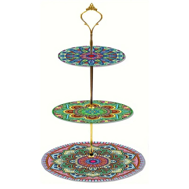 3-Tiered Green Blue Mandala Acrylic Serving Tray Diamond Painting