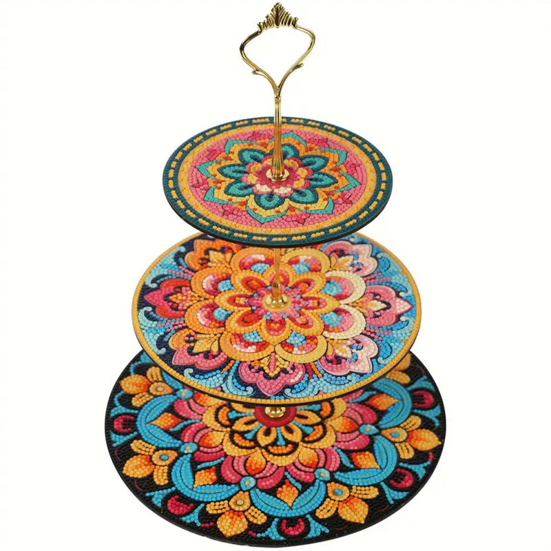 3-Tiered Orange Flower Mandala Acrylic Serving Tray Diamond Painting