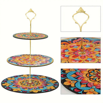 3-Tiered Orange Flower Mandala Acrylic Serving Tray Diamond Painting