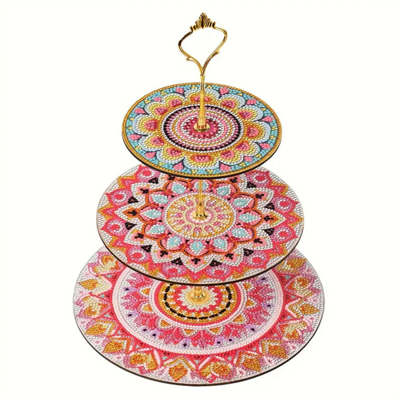 3-Tiered Red Flower Mandala Acrylic Serving Tray Diamond Painting