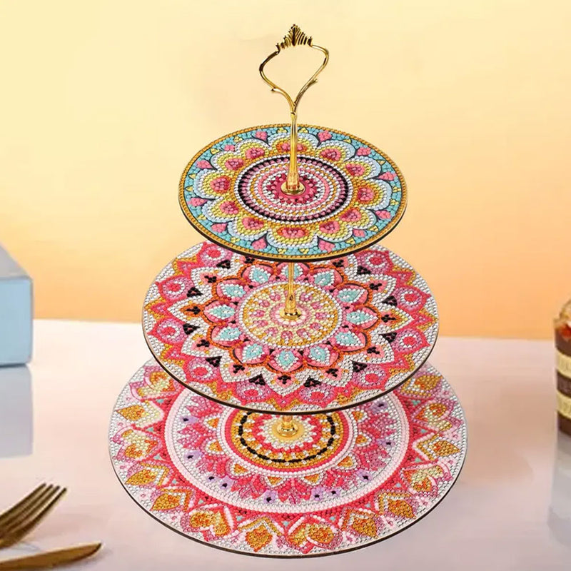 3-Tiered Red Flower Mandala Acrylic Serving Tray Diamond Painting