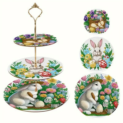 3-Tiered Easter Rabbit and Flowers Acrylic Serving Tray Diamond Painting