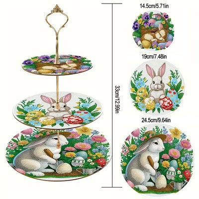 3-Tiered Easter Rabbit and Flowers Acrylic Serving Tray Diamond Painting