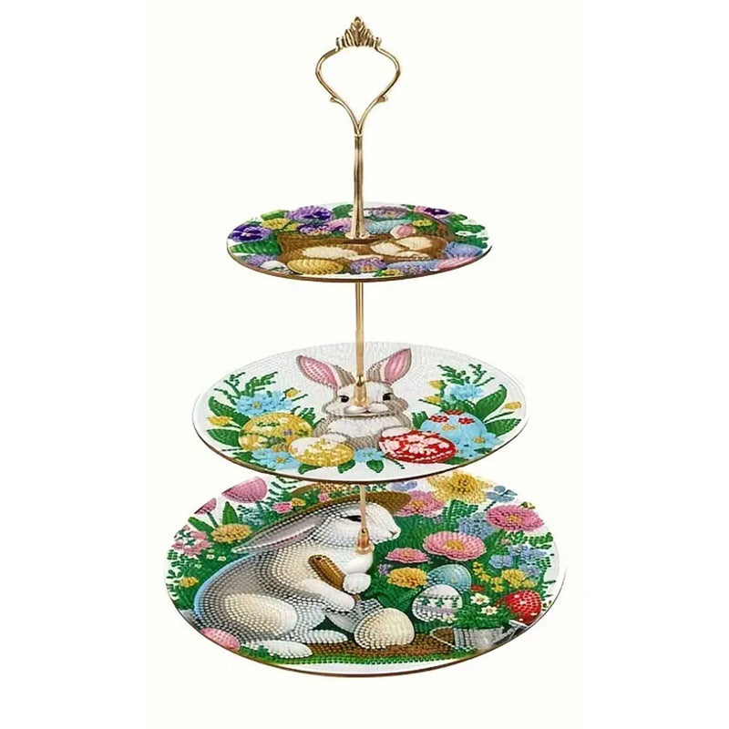 3-Tiered Easter Rabbit and Flowers Acrylic Serving Tray Diamond Painting