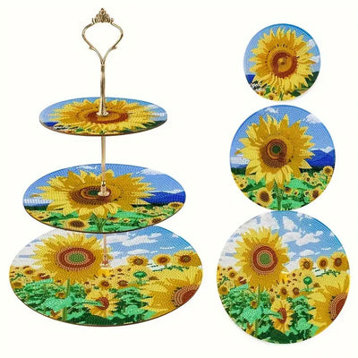 3-Tiered Sunflower under Blue Sky Acrylic Serving Tray Diamond Painting