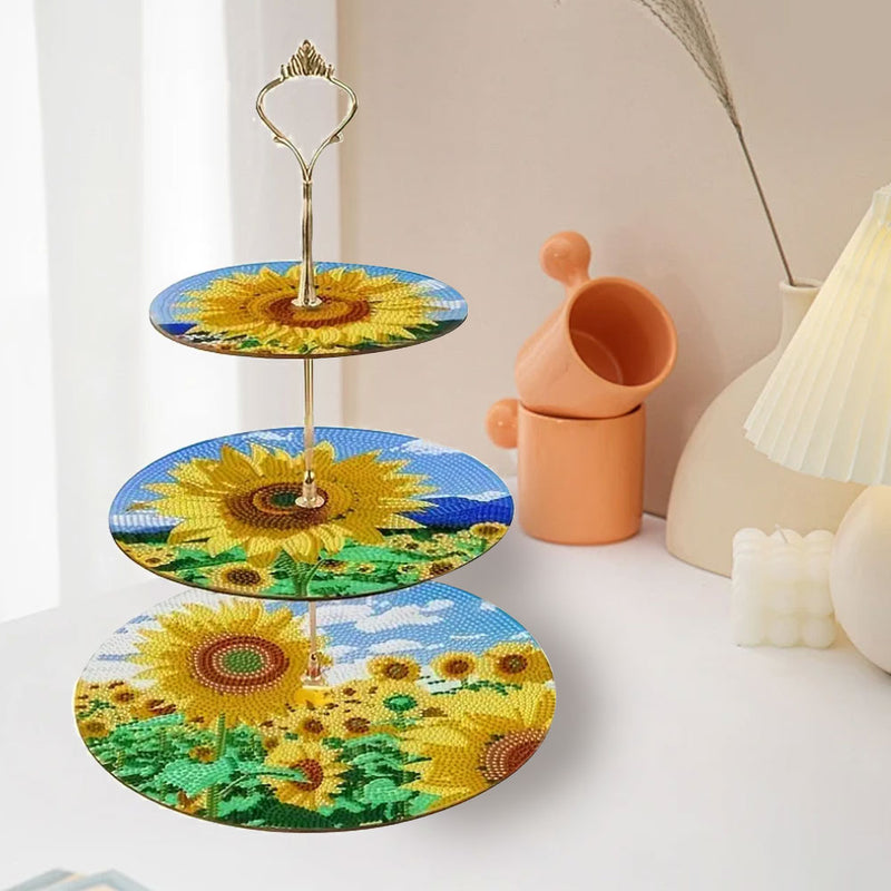 3-Tiered Sunflower under Blue Sky Acrylic Serving Tray Diamond Painting