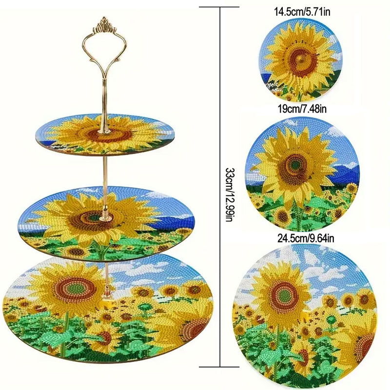 3-Tiered Sunflower under Blue Sky Acrylic Serving Tray Diamond Painting