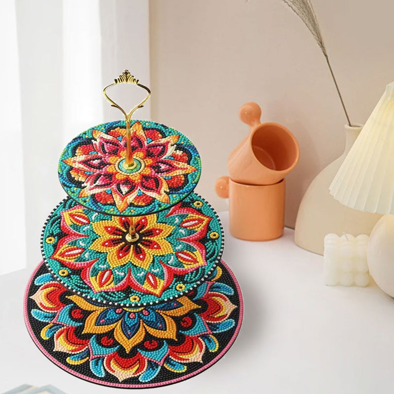 3-Tiered Green Orange Flower Mandala Acrylic Serving Tray Diamond Painting