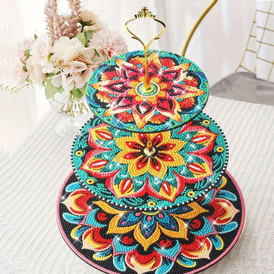 3-Tiered Green Orange Flower Mandala Acrylic Serving Tray Diamond Painting