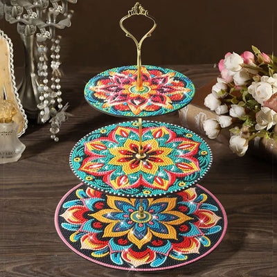 3-Tiered Green Orange Flower Mandala Acrylic Serving Tray Diamond Painting