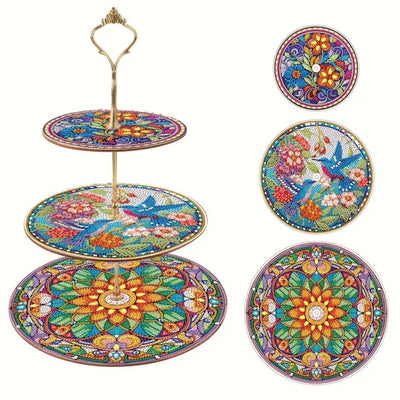 3-Tiered Colorful Mandala and Bird Acrylic Serving Tray Diamond Painting