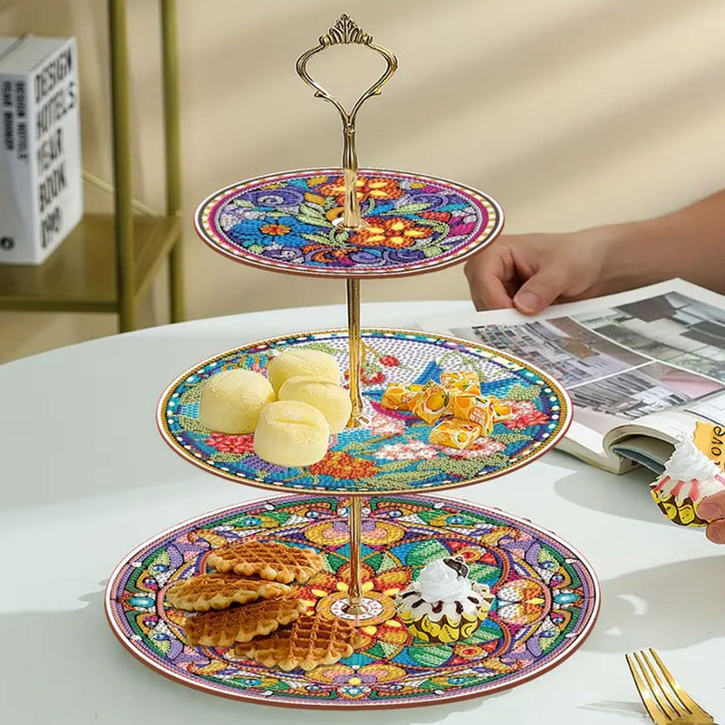 3-Tiered Colorful Mandala and Bird Acrylic Serving Tray Diamond Painting